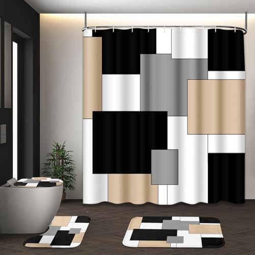 Beige Geometric Shower Curtain Set with Toilet Lid Cover and Non-Slip Rugs for Bathroom, Black Grey White Checkered 4 Pcs Shower Curtain, Modern Abstract Bathroom Set with 12 Hooks - color: Abstract Geometric Beige