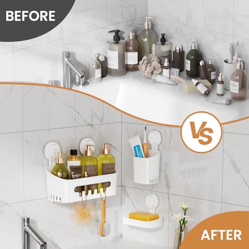 LEVERLOC Shower Caddy Suction Cup Set Shower Organizer & Soap Holder & Toothbrush Holder, Bathroom Shelf Basket NO-Drilling, Removable Suction Storage Waterproof Bathroom Caddy, White - color: White