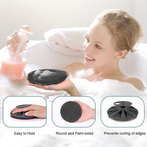 INNERNEED Food-Grade Soft Silicone Body Scrubber Shower Brush Handheld Cleansing Skin Brush, Gentle Exfoliating and Lather Well (Black+Gray) - color: (Set) Black+gray
