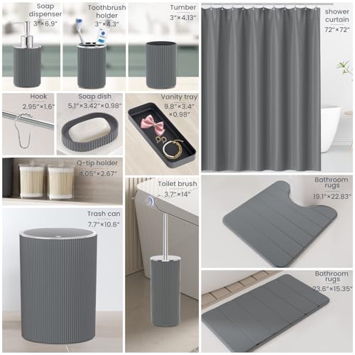 Grey Bathroom Accessories Set - Bathroom Sets, 25PC Bath Accessory Set, Bathroom Sets with Push Top Trash Can, Shower Curtain and Rugs, Toilet Brush, Trash Can & Soap Dispenser - color: Gray & Silver, size: 25-Piece Set (Accessories + Shower Curtain + Rug