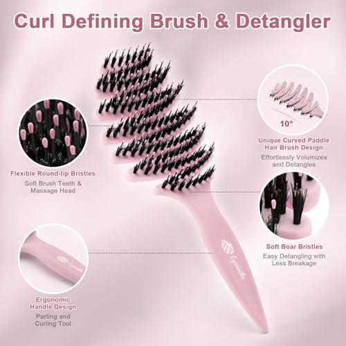 Wet Natural Boar Bristle Hair Brush for Fine Hair - A Great Gift | Smoothing Vented Detangling, Hair Texture, Gentle Scalp Feel, for Women and Men, Paddle, Frizz, Thin Hair, High Quality - color: Light Pink