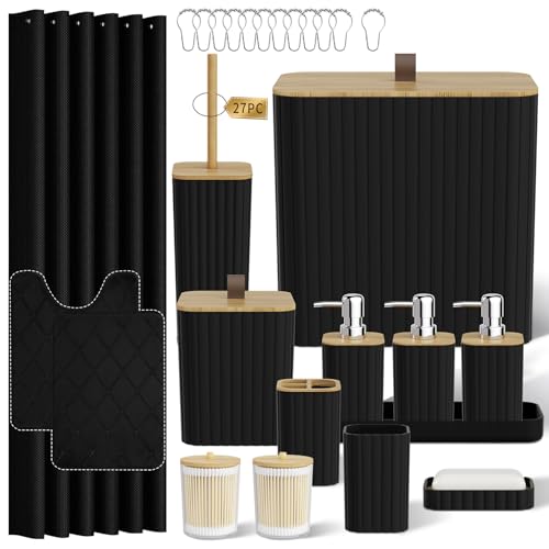 Bathroom Accessory Set - Black Bathroom Set, 27PC Bathroom Accessories Set, Bathroom Sets with Shower Curtain and Rugs, Mini Trash Can, Toilet Brush, Trash Can & Soap Dispenser - size: Bathroom Set&Shower Curtain &Rugs, style: Black