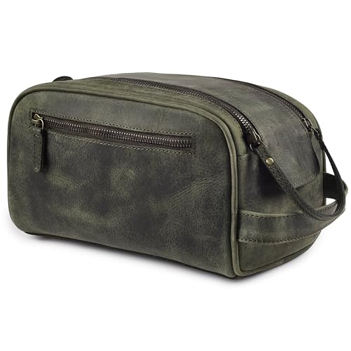 LEATHER VILLAGE Genuine Leather Toiletry Travel Pouch With Waterproof Lining - Olive | King-Size Handcrafted Vintage Dopp Kit Bag, Shaving & Bathroom Organizer, Gift for Men & Women - color: Olive