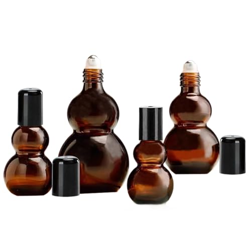 Essential Oil Roller Bottles, 30ml Amber Gourd Shaped Glass Roller Bottles with Stainless Steel Roller Ball, for Travel,Perfume (Amber-Black Cap, 30ML) - color: Amber-Black Cap, size: 30ML