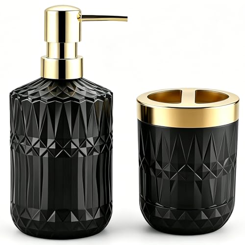 2Pcs Black Bathroom Accessories Set, Glass Bathroom Accessories, Vintage Bathroom Countertop Decoration Includes Soap Dispenser, Toothbrush Holder - color: Black, size: 2 Pcs