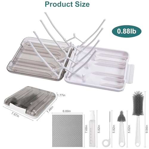 Baby Bottle Brush, 7 in 1 Travel Bottle Cleaner Kit with Soap Dispenser, Bottle Drying Rack, Dishcloths, Portable Essentials for Home and Travel-White - color: White