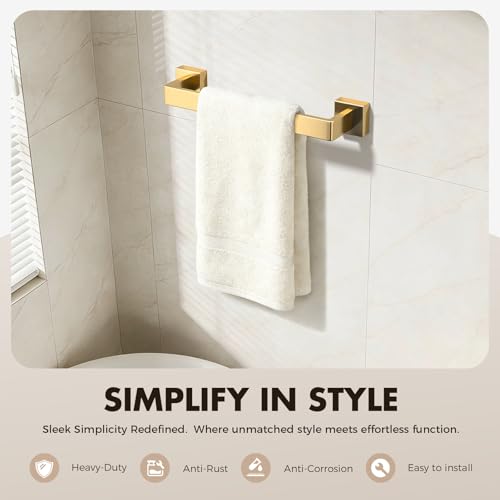 Bathroom Accessory Towel Bar Set: 5 Pieces Gold Bathroom Hardware Square SUS304 Stainless Steel - Wall Mounted Towel Rack&Toilet Paper Holder&Towel Ring and Towel Hook - color: Gold, size: 16inch 5 Pieces