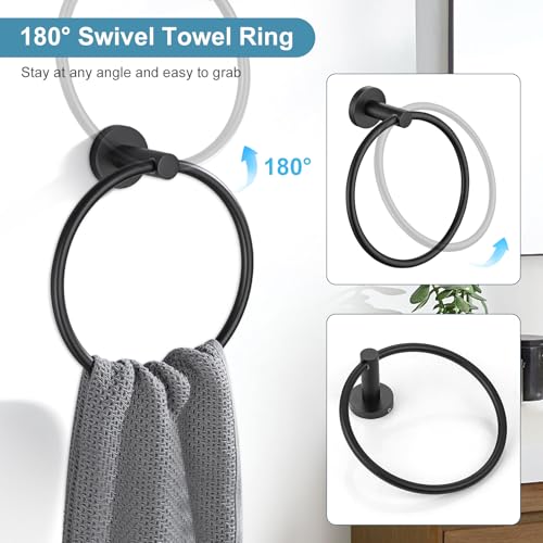 TQKAG 8-Pieces Bathroom Hardware Set Matte Black SUS304 Stainless Steel Bath Towel Bar Set 23.6 Inch Round Bathroom Accessories Kit Wall Mounted - color: Matte Black, size: 8-Pieces Set