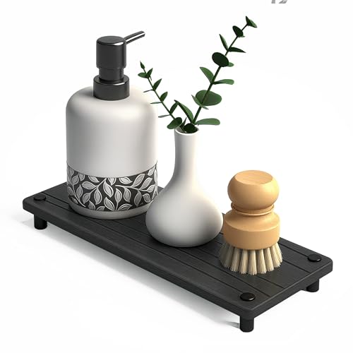 Quick Dry Sink Caddy Kitchen Sink Organizer, Water Absorbing Stone Tray for Sink, Stone Drying Tray, Diatomite Faucet Mat & Protector, Dispenser Sponge Holder, Stone Soap Tray for Bathroom Counter - color: Dark Gray Metal Foot Wave Large