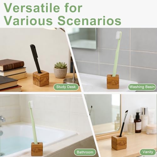 HTB Toothbrush Holder for Bathroom 2 Pack Teak Wood | Toothbrush Stand Organizer Base Station Hollow Drainage Design,Small Countertop Organizer for pens,Makeup Brushes,Space Saver - color: Cube
