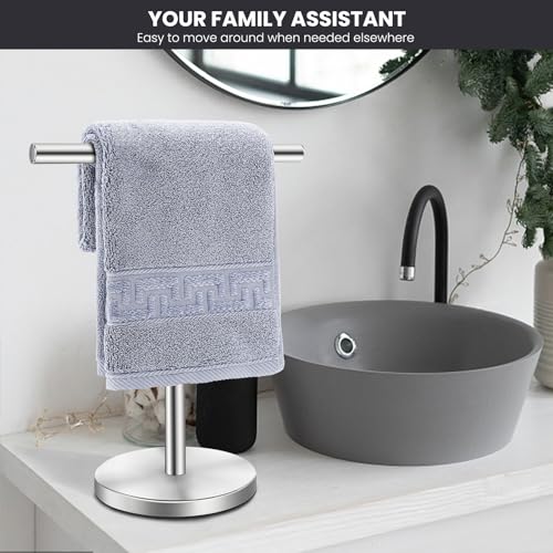 Hand Towel Holder Stand, Freestanding Bathroom Towel Rack, Silver | Weighted Stainless Steel Base Helps Prevent Tipping While The Open T-Shape Keeps Towels Dry on Bathroom Countertops - color: Silver-1 Pack