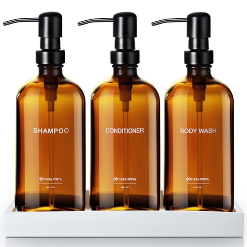 Amber Glass Shampoo and Conditioner Dispenser Set – Refillable 16 oz Pump Bottles with Concrete Tray – Luxury Bathroom Organization & Modern Shower Soap Dispensers - color: Amber Glass
