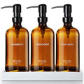 Amber Glass Shampoo and Conditioner Dispenser Set – Refillable 16 oz Pump Bottles with Concrete Tray – Luxury Bathroom Organization & Modern Shower Soap Dispensers - color: Amber Glass
