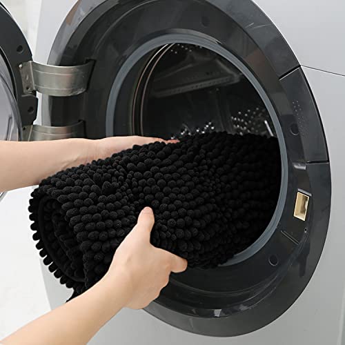 ACCUMTEK Striped Black Toilet Bathroom Rug Mat Set 2 piece Rug Ultra Soft, Non Slip Chenille Bath Rugs, Absorbent Plush Shaggy Bath Mats for Bathroom, Bedroom, Kitchen, Shower, Tub - color: Black, size: U Shape 2'x1'8"+4'x1'8"