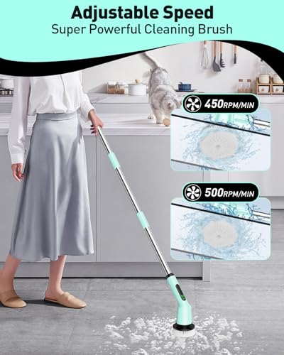 Shower Scrubber with Long Handle, Bathroom Cleaner Brush with 8 Floor Machine Pads, Cordless Electric Spin Scrubber for Cleaning with 2 Speed, Cleaning Supplies for Bathtub Kitchen Floor Mint - color: Mint Green, size: 8 Brush Heads