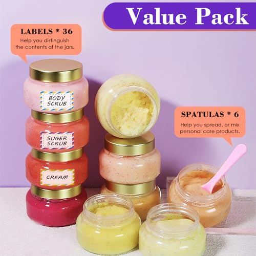 36 Pack 8 oz Plastic Cosmetic Containers With Lids Refillable Clear Empty Travel Jars Containers for Body Butter,Sugar Scrubs,Cream,Lotions,Candy, Waterproof Label&Spatulas - (Gold) - color: Clear-Glod Lid, size: 8 OZ