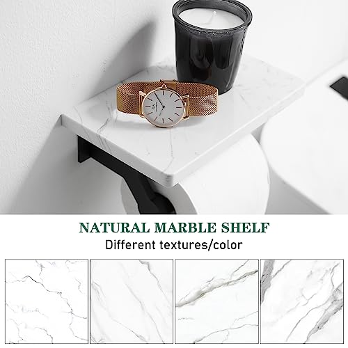 Hoimpro Matte Black Aluminum Toilet Paper Holder with White Natural Marble Shelf, Wall Mounted Tissue Hand Paper Roll Storage Holder for Bathroom Kitchen Washroom Bedroom - color: Black