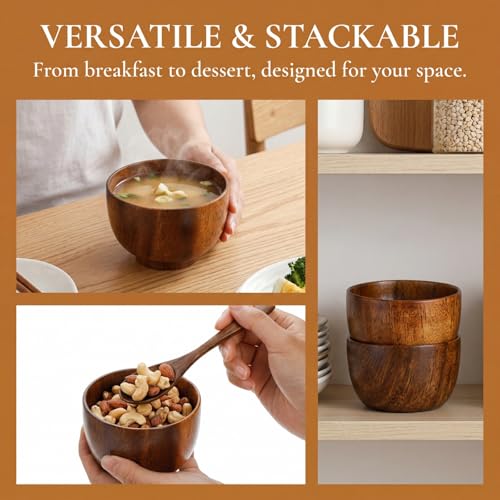 Lyellfe Set of 4 Acacia Wooden Bowl, 5 Oz Small Dipping Sauce Bowl with Spoon, 3 Inch Charcuterie Dish, Soup Water Cup for Condiments, Jam, Nuts, Appetizer, Snack, Yogurt
