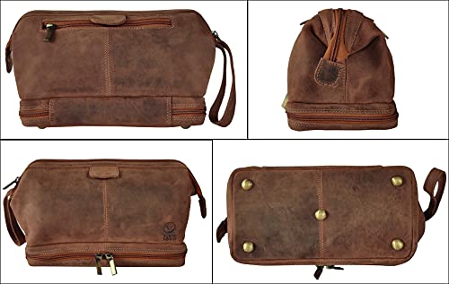 RUSTIC TOWN Leather Toiletry Bag for Men - Travel Gift Shaving Ditty Kit - Bathroom Shower Toiletries Organizer - Cosmetic Makeup Bag for Women - color: Brown