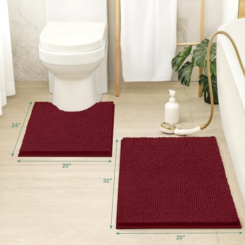 HOMEIDEAS Bathroom Rugs Set 2 Pieces, Ultra Soft Non Slip Absorbent Chenille Toilet Bath Mat Set (Burgundy) - color: Red-burgundy, size: 1'8" x 2'8" (U Shape 20"x24"+20"x32")