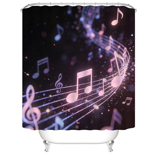 AZHM Glitter Music Note Shower Curtain Set 4 PCS Modern Black Purple Bathroom Decor Set with Non-Slip Bath Rugs, Toilet Lid Cover & U-Shaped Mat - color: Black Purple