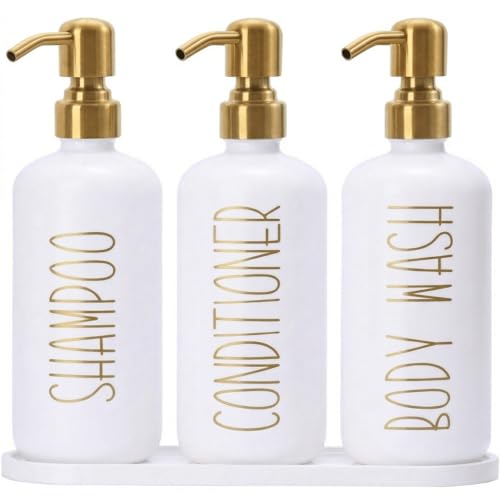 MOMEEMO Shampoo and Conditioner Dispenser Set with Tray, Refillable Shampoo Conditioner Body Wash Dispenser for Shower, Empty Shampoo Bottles with Pump, Bathroom Shower Soap Dispenser Set (Gold) - color: White Gold