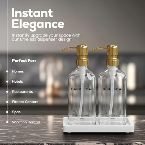 Luxury Glass Hand and Dish Soap Dispenser Set by Brighter Barns - Gold Kitchen Soap Dispenser Set with Stainless Steel Pumps and Ceramic Tray - Modern Kitchen Decor for Home, Airbnb, Gift (Clear/Gold) - color: Clear Gold Hd