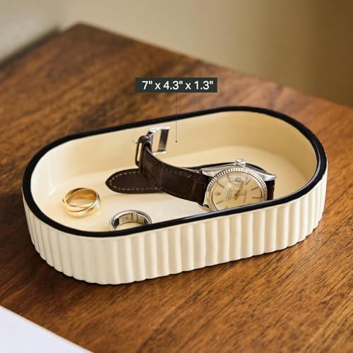 Preston Lane Signature Ceramic Tray – Handmade in Portugal with Fluted Edges & Hand-Painted Trim – Decorative Organizer or Home Accent, Medium, Alabaster 7 x 4.3 x 1.3 - color: Alabaster, size: 7" x 4.3" x 1.3"