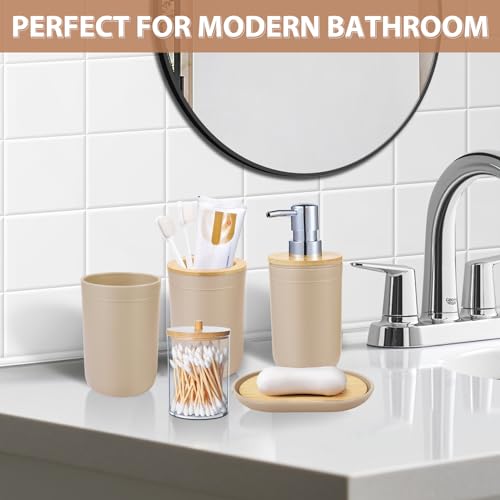 iMucci Bathroom Accessories Set 5Piece Beige Bathroom Sets, Toothbrush Holder, Toothbrush Cup, Lotion Soap Dispenser, Soap Dish and Qtip Holder Bathroom Decor - style: Beige