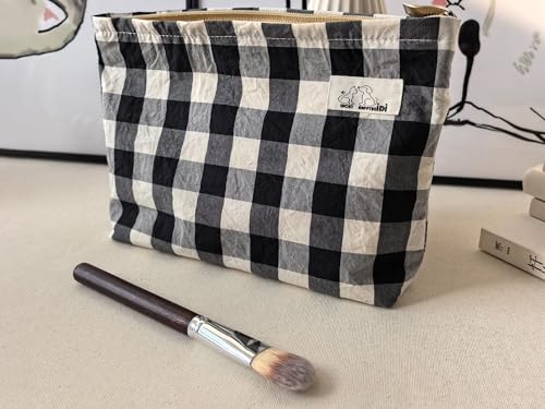HAPPYHEIDI Large Cotton Black White Checker Makeup Bag with Compartment Cosmetic Toiletry Travel Pouch,Purse Accessory Organizer,Canvas Lined - color: Cotton Checker Large - w Compartment