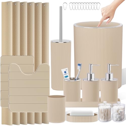 Beige Bathroom Accessories Set - Bathroom Sets, 25PC Bath Accessory Set, Bathroom Sets with Push Top Trash Can, Shower Curtain and Rugs, Toilet Brush, Trash Can & Soap Dispenser - color: Beige & Silver, size: 25-Piece Set (Accessories + Shower Curtain + R