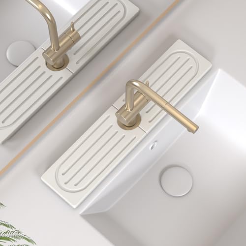 Faucet Mat for Kitchen Sink, Water Absorbent Kitchen Faucet Mat, Durable Sink Splash Guard with Raised Feet, Diatomite Fast Drying Kitchen Sink Faucet Mat, Bathroom Stone Drying Tray for Counter - color: White Gray Style 2, size: 15.8" x 4"