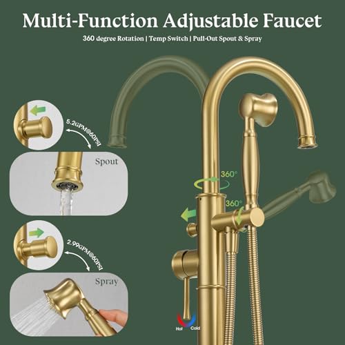 Free Standing Tub Faucet, Wintap Classic Freestanding Bathtub Faucet with Sprayer Brass Elegant Floor Mount Bath Faucets High Flow Roman Tub Filler, Brushed Gold （WT-3311BG） - color: Brushed Gold