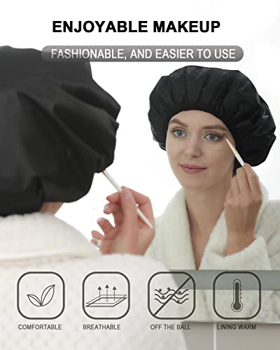YIZIJIZI Terry Lined Shower Cap, Triple Layer Large Cap for Women, Reusable Waterproof for Long Thick Hair, Black - color: Black