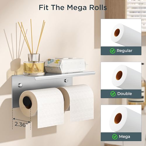 FORIOUS Double Toilet Paper Holder with Shelf, Wall Mount Tissue Roll Holder for Bathroom, 304 Stainless Steel Commercial Toilet Tissue Dispensers with Phone Shelf (1, Stainless Steel & Matte Black) - color: Stainless Steel & Matte Black