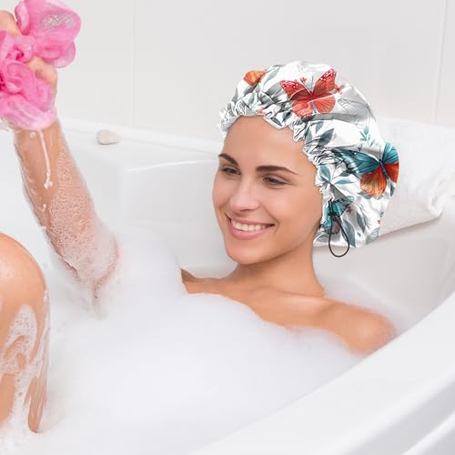 2 PCS Shower Cap Waterproof Double Layer Elastic Adjustable Reusable Hair Bath Caps for Girls Women Cute Aesthetic-Butterfly Flowers - color: G14-Butterfly Flowers