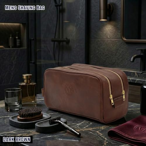 Toiletries bag for men, Premium PU Leather Travel Kit, Metal Zippers & Bottom Studs, Velvet Dust Bag & Shape-Retention Packaging – Gift Ready For Groomsmen, Anniversary, Birthday Gifts / DARK BROWN - color: DARK BROWN