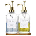 Glass Soap Dispenser with Pump, Dish and Hand Soap Dispenser for Kitchen Bathroom Set, Clear Glass Dispenser Set of 2 Pack with 18 Stickers Funnel Bamboo Tray 500ml 18oz / Each Bottle Gold Pump - color: Glass+gold Pump
