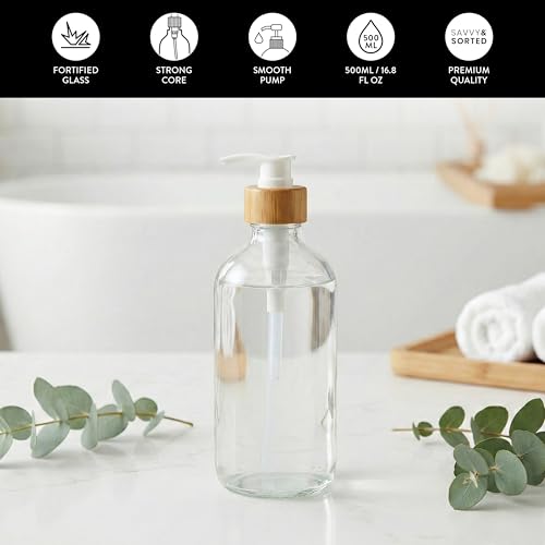 SAVVY & SORTED Glass Hand Soap Dispenser Bathroom, Dish Soap Dispenser for Kitchen Sink, Refillable Clear Glass Bottles with White Bamboo Pump for Liquid Hand Wash, 17 Fl Oz / 500 ml - color: Clear Bottle - 500 Ml