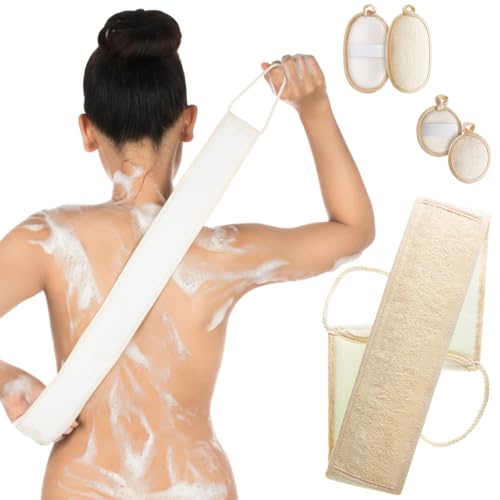 LemonRoad 5 Pcs Natural Loofah for Shower Bath Loofah Gift Set for Man Women Include 1 Sponge Back Scrubber 2 Exfoliating Body Scrubbers and 2 Mini Facial Sponges to Clean or Relax Face and Body