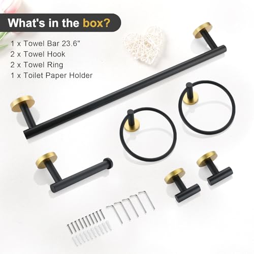 TQKAG Black and Gold Bathroom Hardware Set 6-Piece Bathroom Accessory Set 23.6 Inch Round Stainless Steel Towel Bar Set Wall Mounted - color: Black+gold, size: 6-Pieces Set
