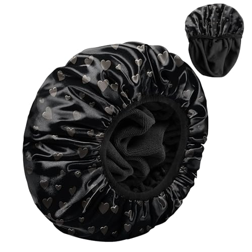 Luxury Shower Cap Terry Cloth Lined EVA Waterproof Reusable Triple Layer Elastic Hair Bath Caps for Women Girls Cute (C10-Hearts) - color: C10-Hearts