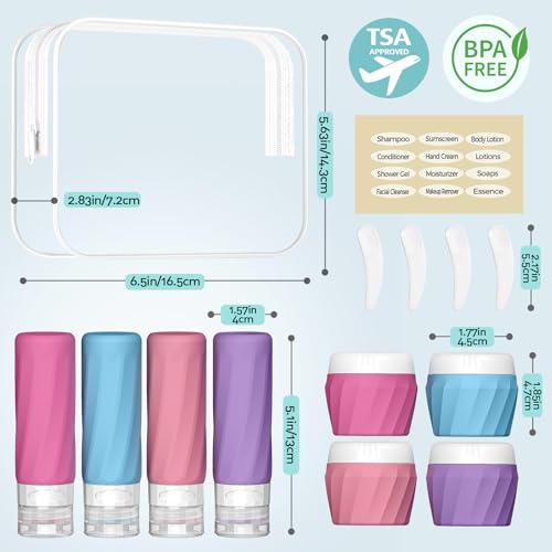 Silevoler 14pack Travel Bottles for Toiletries, TSA Approved Travel Size Toiletries Containers Set, Premium Silicone Leak Proof Refillable Bottles & Creams Jars Accessories Kit W/Clear Bag (Vibrant) - color: Vibrant