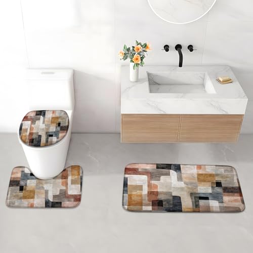 4Pcs Mid Century Shower Curtain Set, Beige Brown Grey Modern Bathroom Shower Curtain with Rugs and Accessories, with Non-Slip Rugs, Toilet Lid Cover and Bath Mat for Bathroom Decor Set - color: Beige