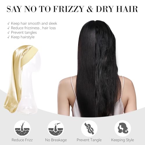 Long Hair Bonnet-Hair Wrap Net for Silk Press Set Braid Bonnet for Sleeping Extra Long Wrap Cap 2 Piece Set Anti Frizz Reusable Elastic Shower Cap for Braids, Curly(black net, gold bonnet) - color: Black Net, Gold Bonnet