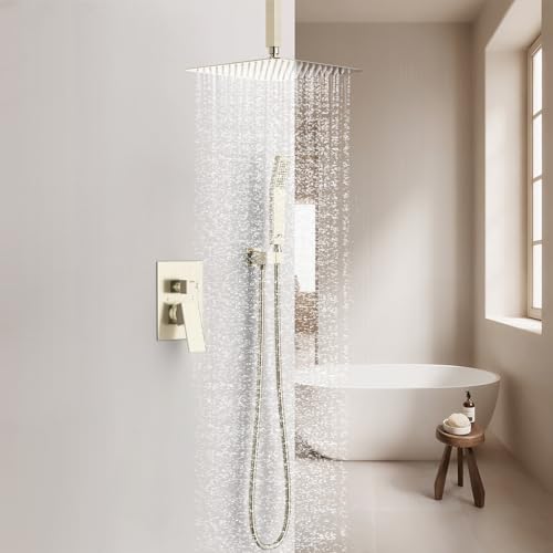 SunCleanse Rainfall Shower System Brushed Nickel Ceiling Mounted Shower System Combo Set with High Pressure 12 Inches Square Rain Shower Head Handheld and Shower Faucet Rough-in Mixer Valve and Trim - color: Brushed Nickel, style: 12-ceiling