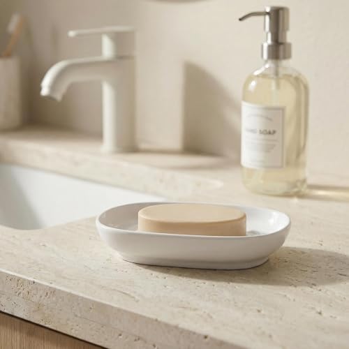 Ceramic Marble Pattern Soap Dish, Textured Raised Soap Saver Tray for Shower Bathroom Kitchen Sink Vanity, Easy to Clean Multi-Use Holder for Bar Soap Jewelry Rings Keys, White (1 Pack) - color: White