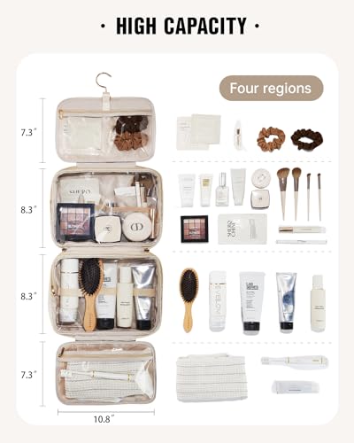 EACHY Toiletry Bag with Hanging Hook, Travel Makeup Bag PU Leather Cosmetic Bags for Women Make Up Organizer with 4 Compartments Waterproof Full-Size Portable Travel Essentials (Beige) - color: A-Beige