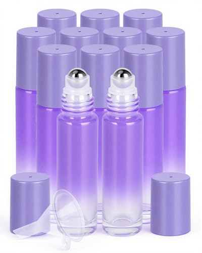 Worldgsb 12 Pack Essential Oil Roller Bottles, 10ml Refillable Glass Roller Bottles with Stainless Steel Roller Balls and Caps for Travel, Perfume and Lip Gloss Purple Gradient - color: Purple-Gradient, style: 12 Pack