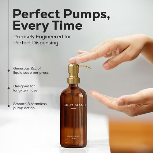 Luxury Shampoo and Conditioner Dispenser Set by Brighter Barns - Empty Shampoo Bottles Refillable with Gold Pump - Plastic Shower Soap Dispenser for Modern Bathroom Decor in Airbnb, Spa (Amber Gold) - color: Amber Gold